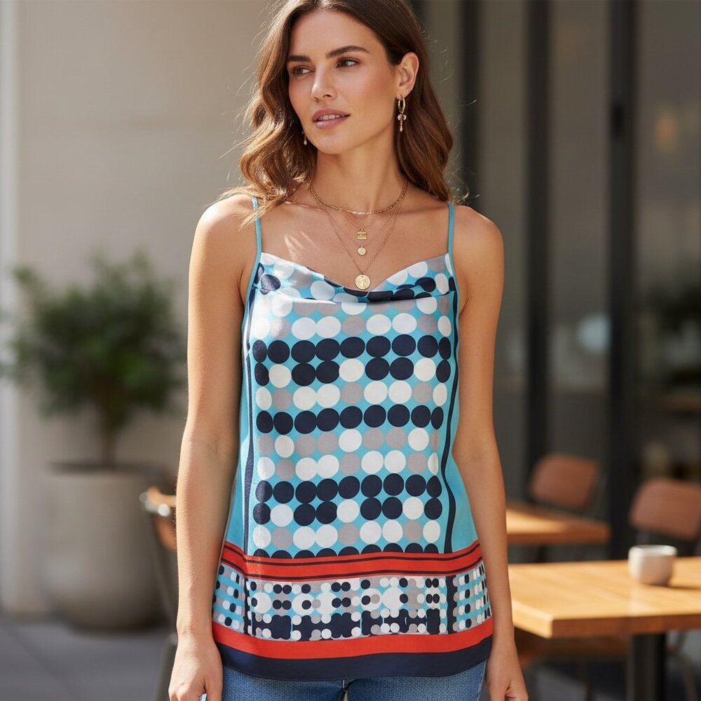 CAbi Spot‎ On Spaghetti Strap Silk Cami Tank Top Polka Dot Red White Blue #354K